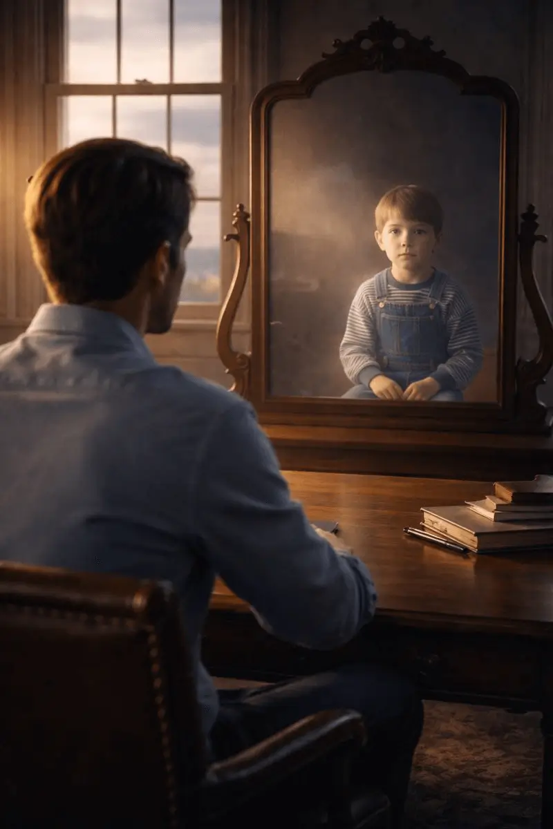 נדב אטיאס - השתקפות של ילד פנימי במראה מול גבר בוגר בחדר עבודה, הממחישה עבודה על תבניות ילדות וזוגיות.