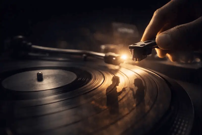 נדב אטיאס - שבירת לופ זוגי של דפוסים חוזרים: יד מרימה מחט מתקליט ויניל עם השתקפות של זוג מתווכח, המייצגת יציאה מתבניות אוטומטיות בזוגיות.